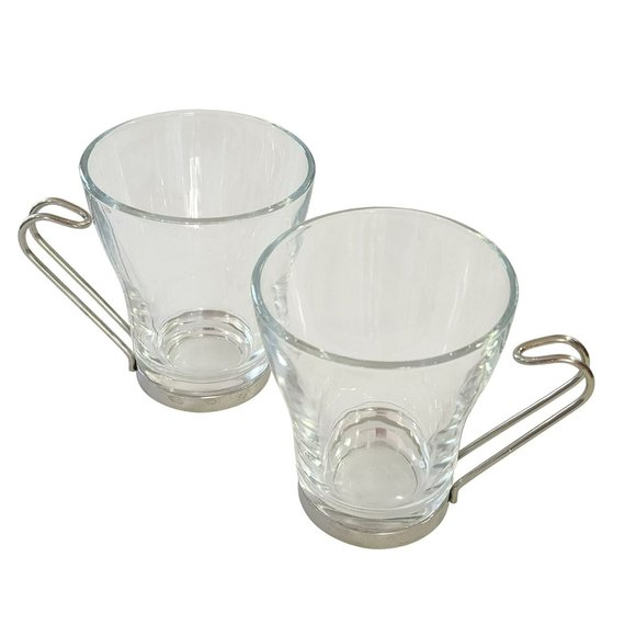 Vintage Clear Glass Cappuccino Expresso Tea Cup Coffee Mug Set of 7 Metal Handle - Picture 2 of 16